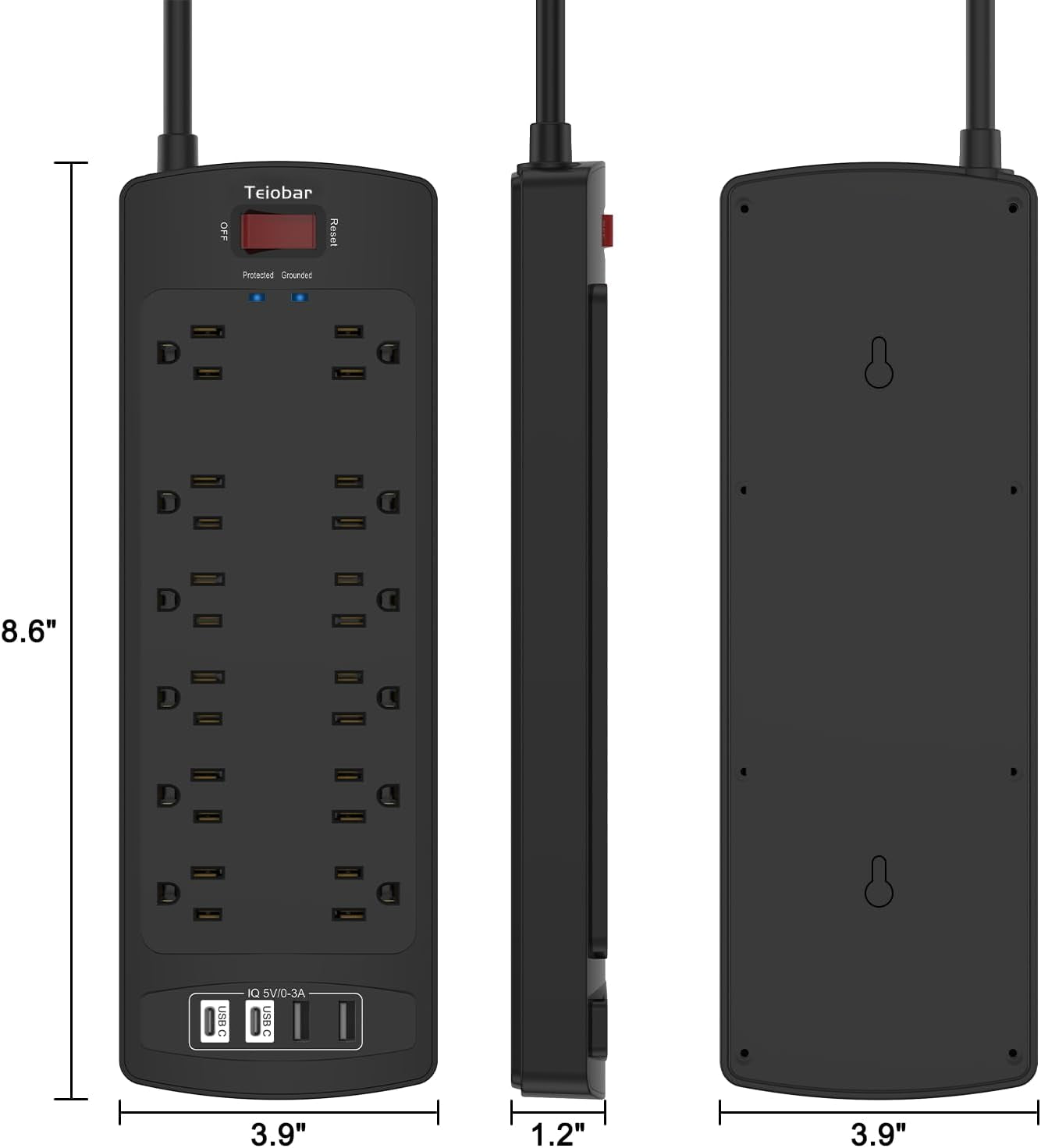 6 Ft Extension Cord Power Strip, Surge Protector with 12 AC Outlets and 4 USB Ports for Home, Office, Dorm Essentials, 2700 Joules, ETL Listed, Black