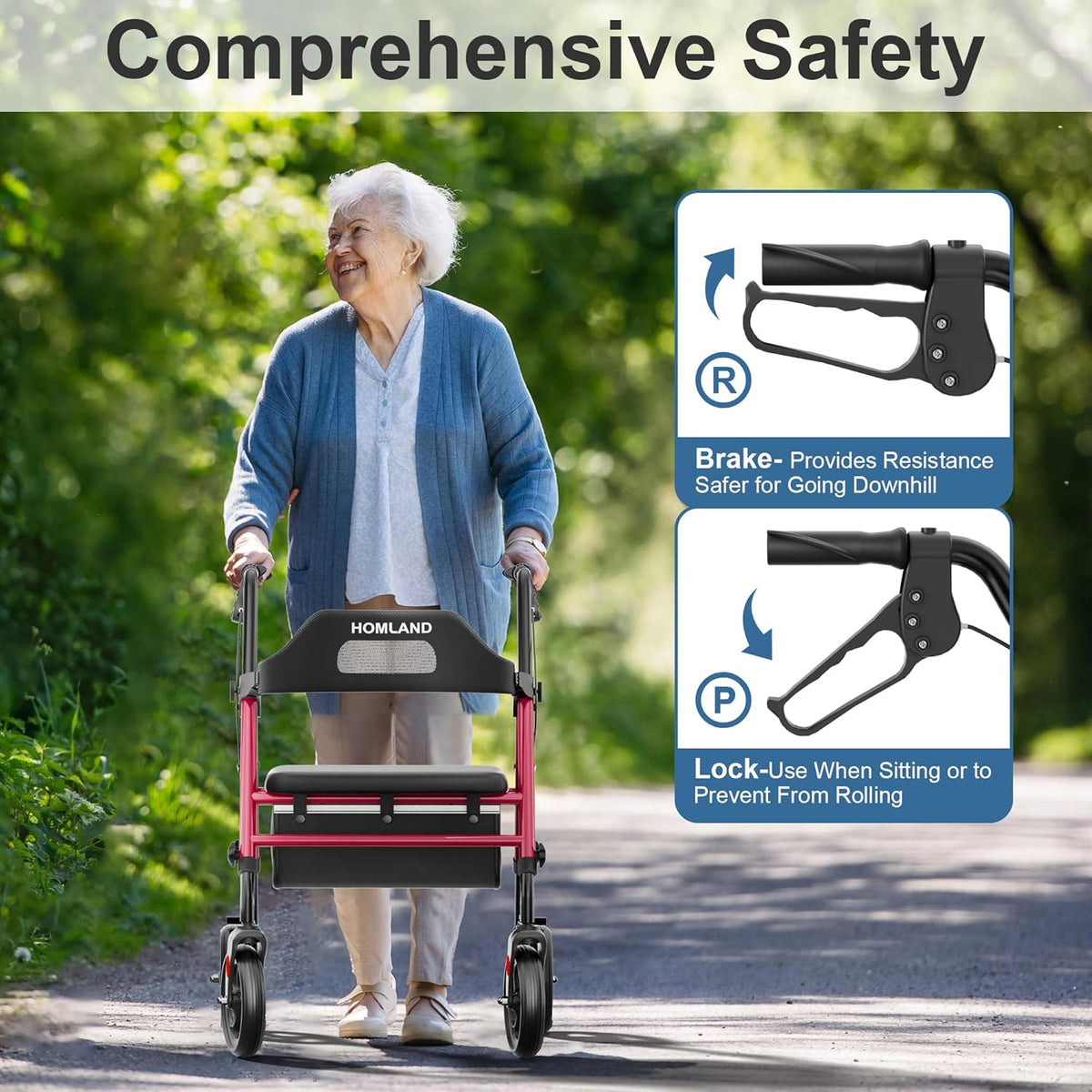 Foldable Rollator Walkers for Seniors with Seat, 16" Enlarged Seat | 350 Lb Sturdy Frame, 16"×12" Seat 1.9" Thick, 8" Big Wheels, Adjustable Height, Tool-Free Assembly, All Terrain Mobility Aid