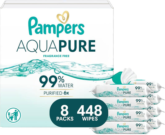 Aqua Pure Baby Wipes, 99% Water, Fragrance Free, Unscented, Water Based, Multi-Use, 448 Wipes Total (8X Flip-Top Packs) [Packaging May Vary]