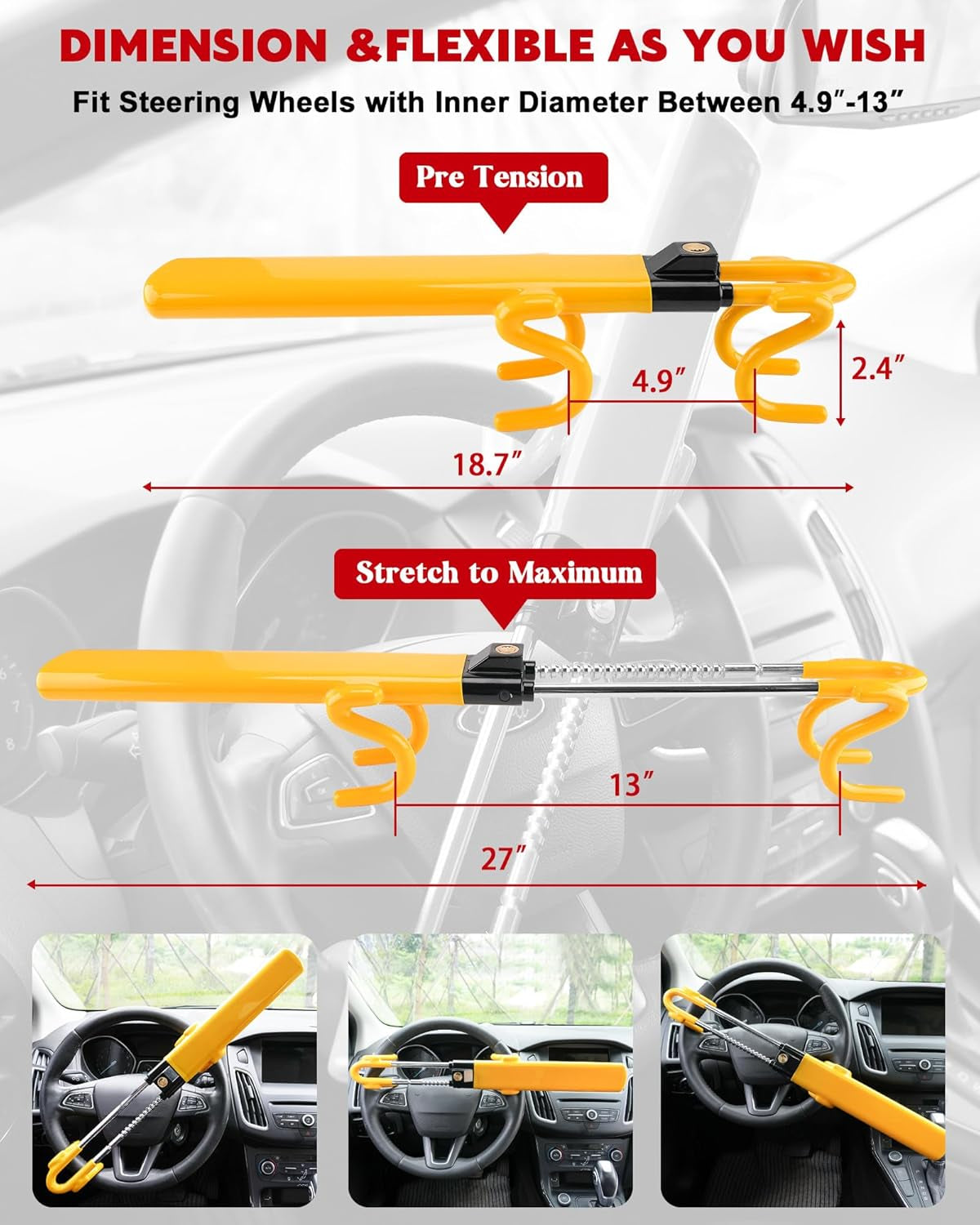 Steering Wheel Lock - Heavy Duty Antitheft Device and Car Security Lock with Adjustable Locking and 3 Keys - Great Vehicle and Truck Deterrent (Yellow)