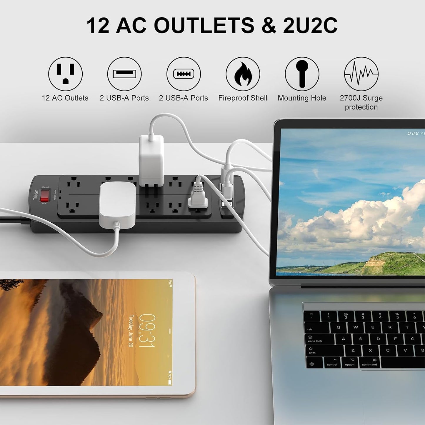 6 Ft Extension Cord Power Strip,  Surge Protector with 12 AC Outlets and 4 USB Ports for Home, Office, Dorm Essentials, 2700 Joules, ETL Listed, Black