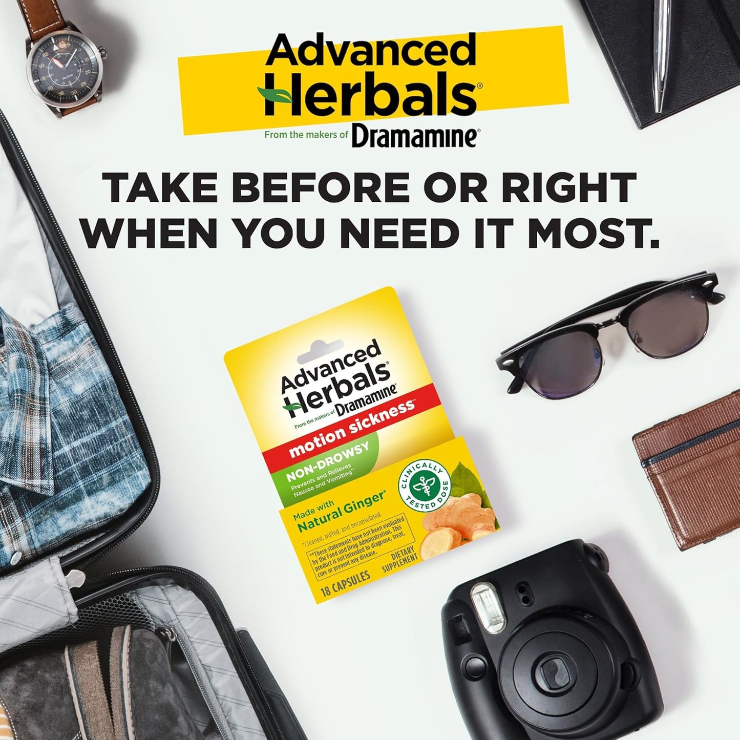 Advanced Herbals, Motion Sickness Relief, Ginger Capsules, 18 Ct | from the Makers of , Non-Drowsy, Relief from Nausea, Capsules Made with Natural Ginger