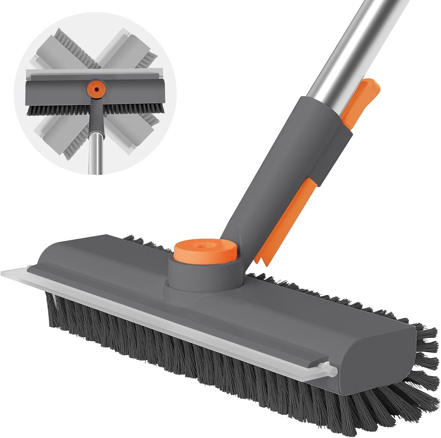 Floor Scrub Brush with Long Handle, 3-In-1 Rotating Head & Squeegee | Stiff Dual-Sided Bristles for Shower, Bathroom, Kitchen and Patio, 30–50 in Handle for Easier Stand-Up Cleaning, Gray