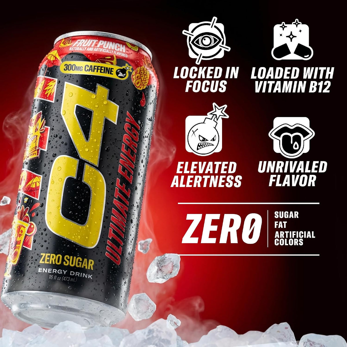 Ultimate Zero Sugar Energy Drink, Tri-Stim Experience with 300Mg Caffeine + Teacrine + Dynamine, Fruit Punch, 16Oz (Pack of 12)