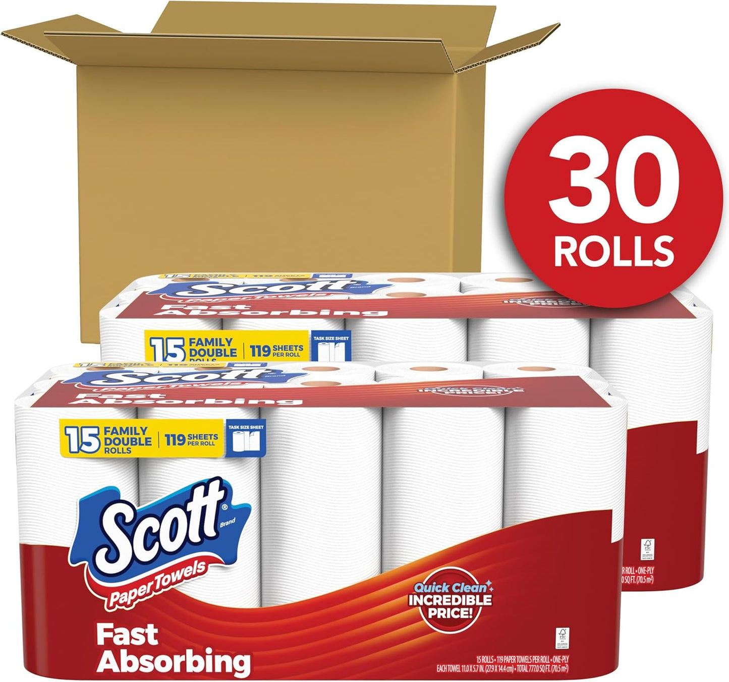 Scott Paper Towels, Task Size, 30 Family Double Rolls, 119 Sheets per Roll