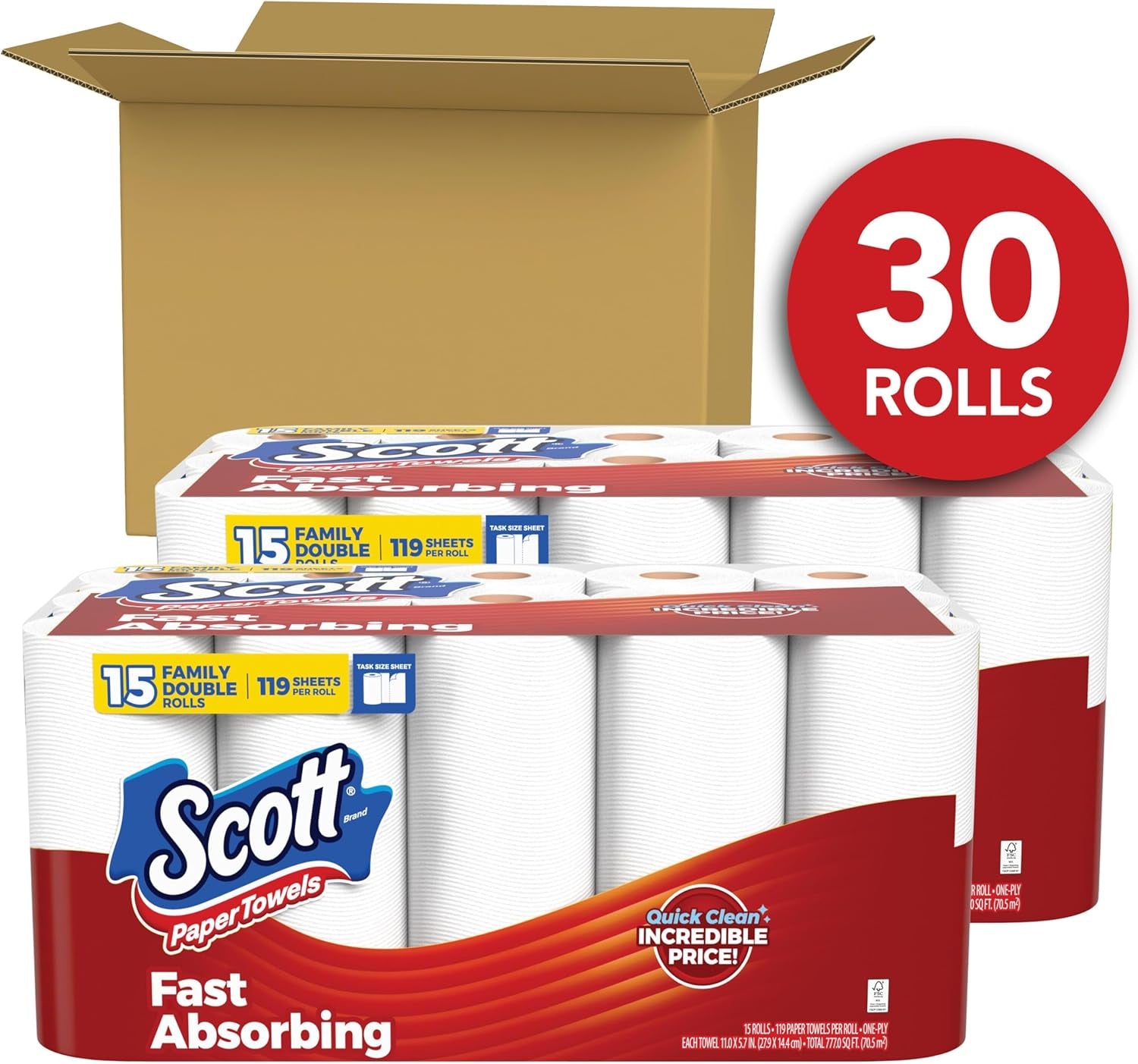 Scott Paper Towels, Task Size, 30 Family Double Rolls, 119 Sheets per Roll