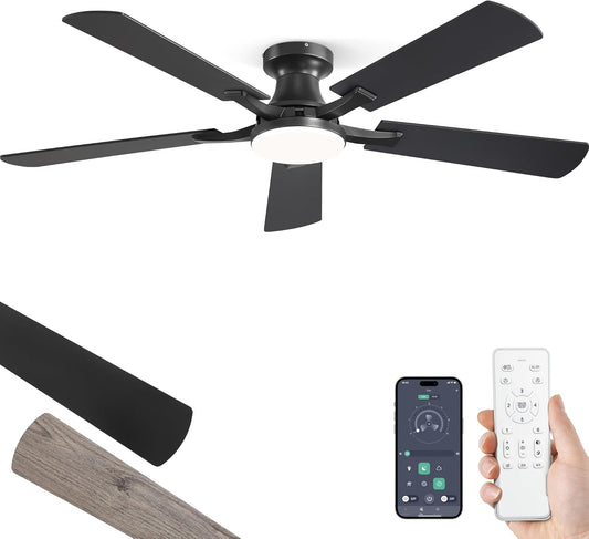 52 Inch Ceiling Fans with Lights, Remote&App Control, Flush Mount | Low Profile, Dimmable 20W LED Light, Quiet Reversible Motor, Strong Airflow, Easy Install for Bedroom/Living Room/Apt, Black