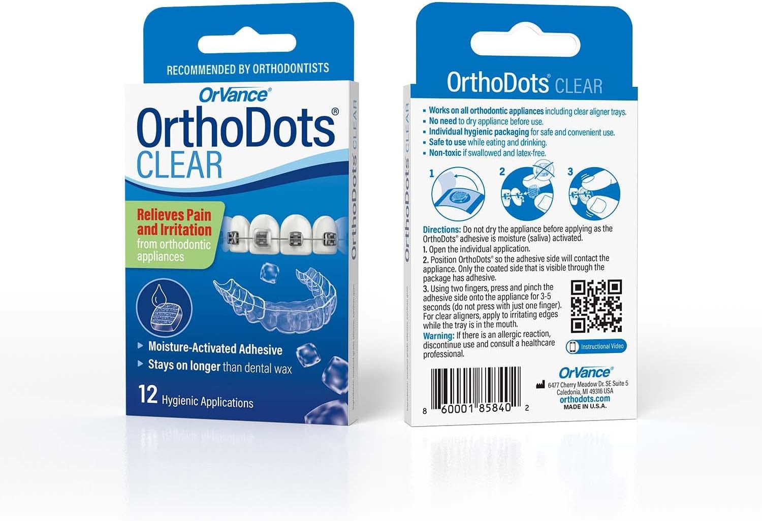Orthodots CLEAR – 24-Hour Protection | Sticks Better than Dental Wax | Moisture Activated Braces Wax Alternative for Pain Caused by Braces, Clear Aligner Trays, and Other Orthodontic Appliances