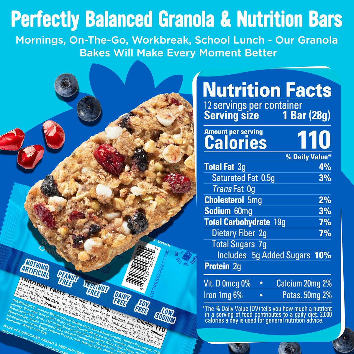 Granola Bakes - Soft Baked Oats, Grain & Seeds Breakfast Granola Cookie Bars - Nut & Dairy Free, Low Sodium, Healthy Lunchbox Snacks for Kids & Adults - Blueberry Pomegranate - 12 Pack