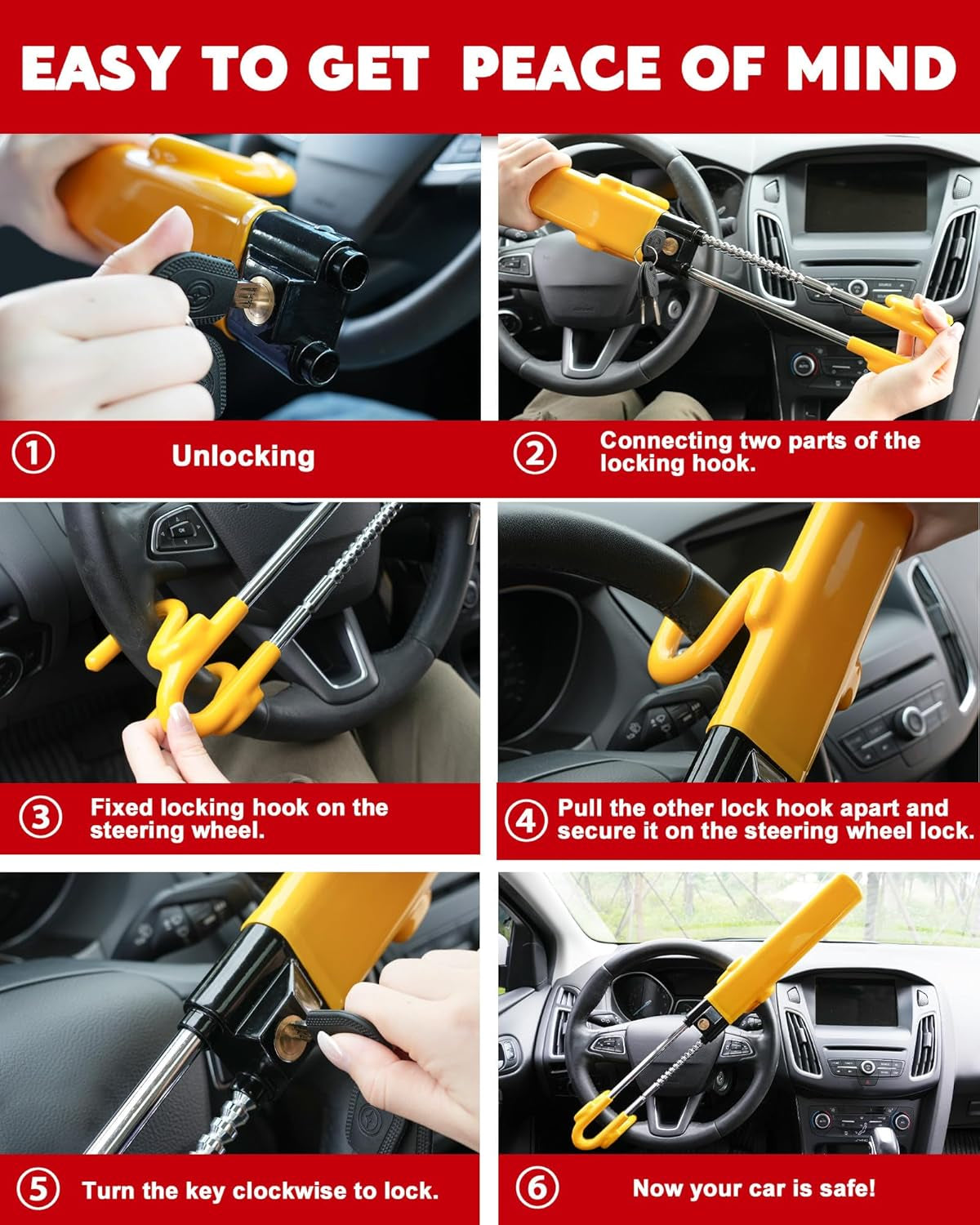 Steering Wheel Lock - Heavy Duty Antitheft Device and Car Security Lock with Adjustable Locking and 3 Keys - Great Vehicle and Truck Deterrent (Yellow)