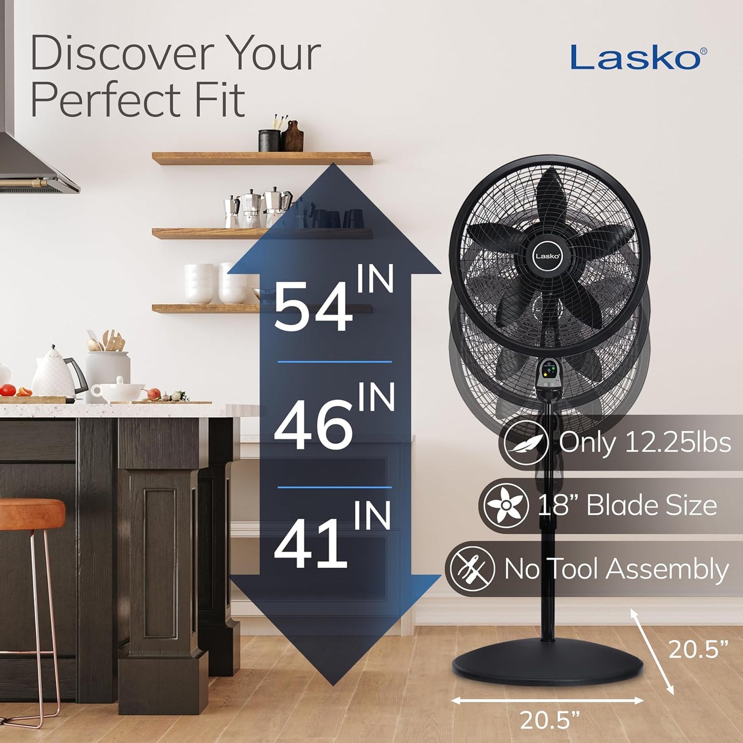 Lasko Cyclone Oscillating Pedestal Fan - Adjustable to 54" - 1843 - Black | Remote Control, Cooling Standing Fan for Bedroom, Living Room, and Home Office, 18" Blade Diameter, 3 Quiet Speeds