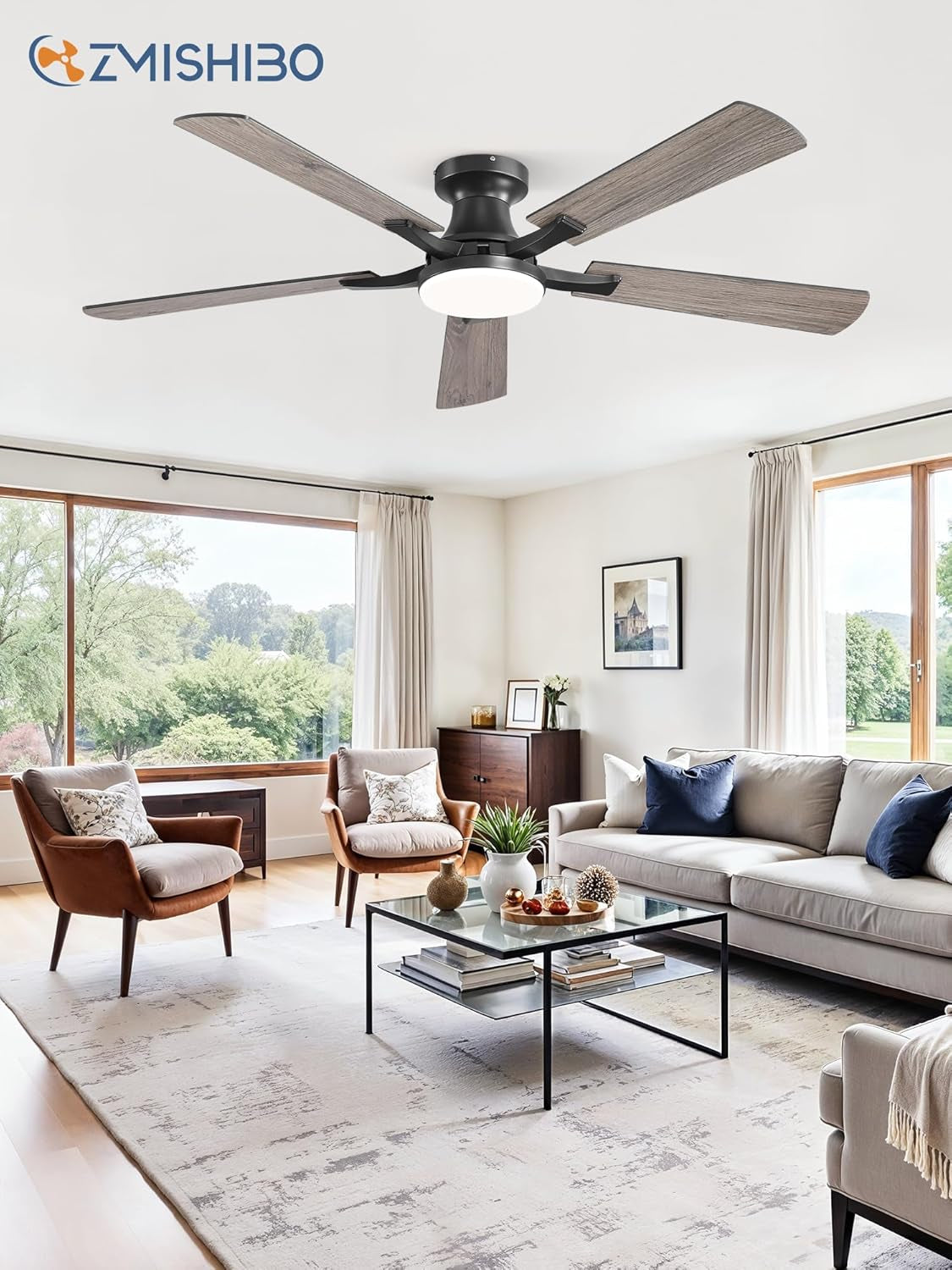 52 Inch Ceiling Fans with Lights, Remote&App Control, Flush Mount | Low Profile, Dimmable 20W LED Light, Quiet Reversible Motor, Strong Airflow, Easy Install for Bedroom/Living Room/Apt, Black