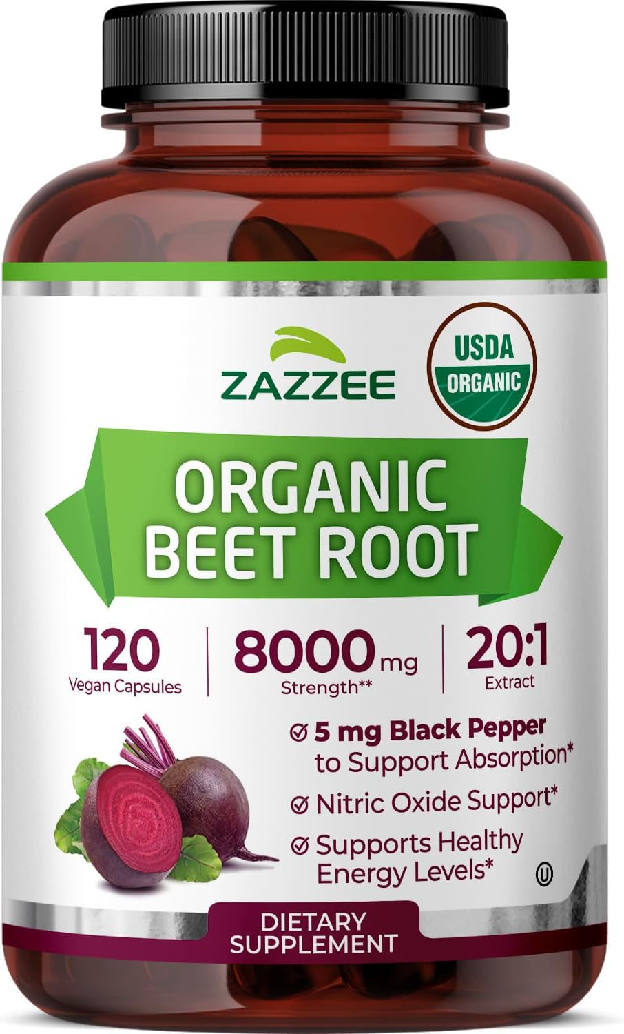 USDA Organic Beet Root 20:1 Extract, 120 Quick Release Capsules | 4 Month Supply, Vegan, Nitric Oxide Support, Black Pepper Extract for Enhanced Absorption, Certified Kosher, Made in the USA