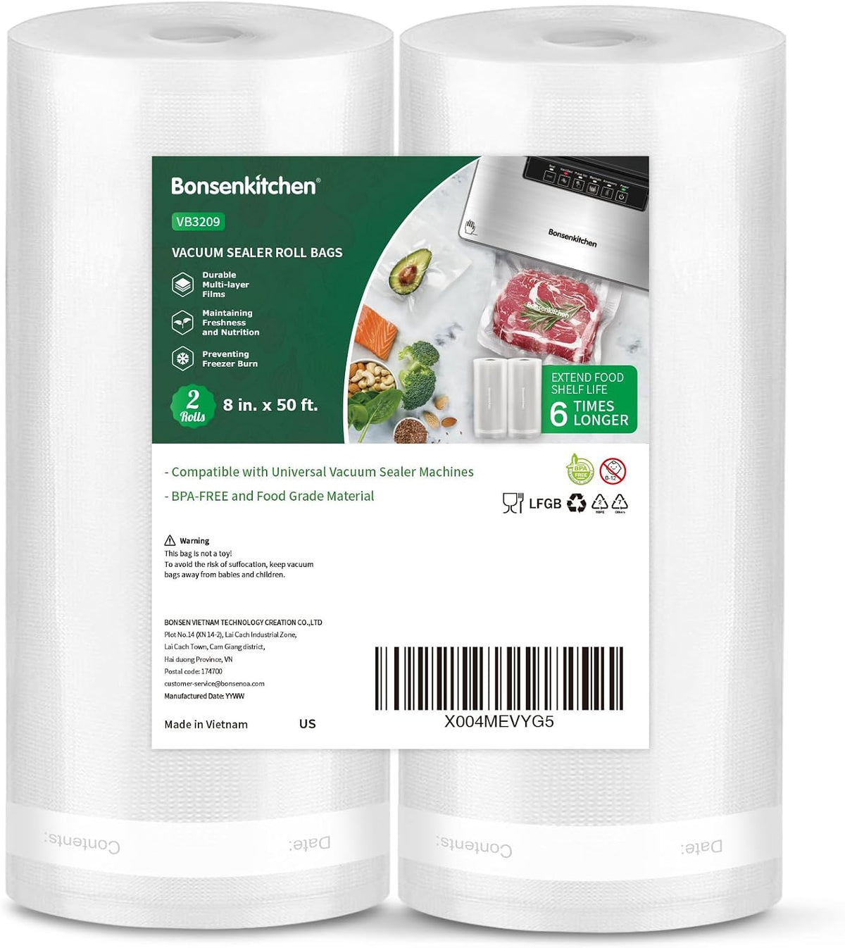 Vacuum Sealer Bags, 8" X 50' Rolls 2 Pack for Food Storage | Commercial Grade Textured Food Roll, Heavy Duty, Customized Size Bag for Sous Vide Cooking, BPA Free, VB3209