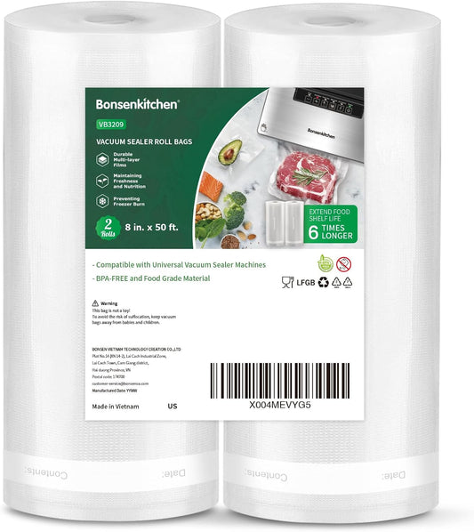 Vacuum Sealer Bags, 8" X 50' Rolls 2 Pack for Food Storage | Commercial Grade Textured Food Roll, Heavy Duty, Customized Size Bag for Sous Vide Cooking, BPA Free, VB3209