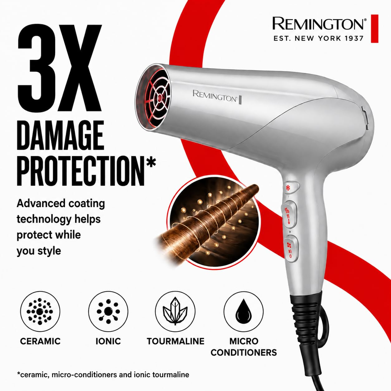 Damage Protection Hair Dryer, Ceramic Ionic Technology | Diffuser and Concentrator Attachments, 3 Piece Set, 1875W Power, 3 Heat and 2 Speed Settings
