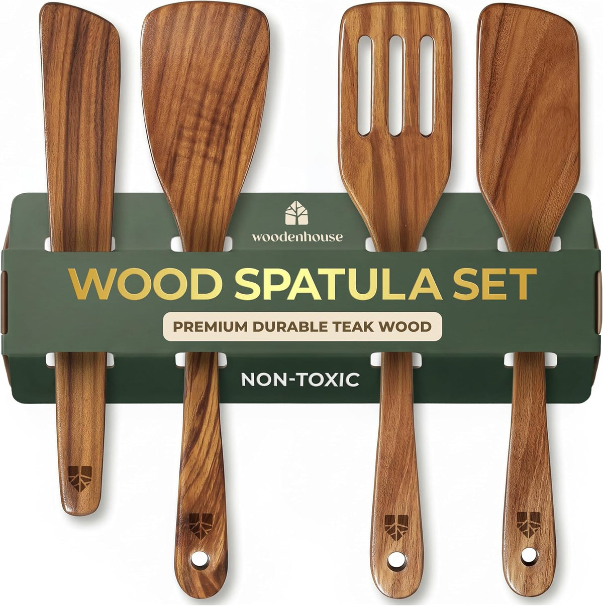Wooden Spatula for Cooking, Teak Wood Set of 4 for Non Stick Frying Pan | Includes Paddle, Turner, Slotted Spurtle & Scraper – Long Ergonomic Handles, Scratch-Free Design
