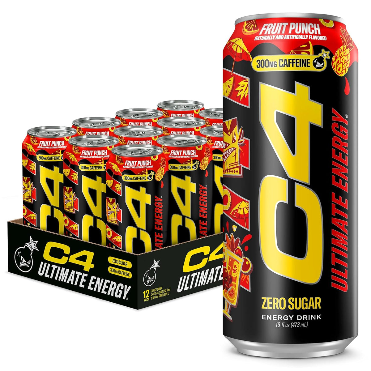 Ultimate Zero Sugar Energy Drink, Tri-Stim Experience with 300Mg Caffeine + Teacrine + Dynamine, Fruit Punch, 16Oz (Pack of 12)