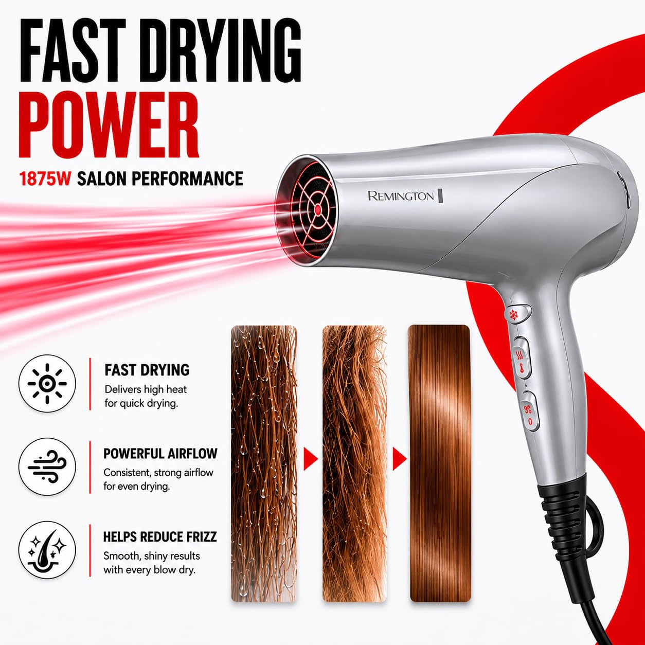Damage Protection Hair Dryer, Ceramic Ionic Technology | Diffuser and Concentrator Attachments, 3 Piece Set, 1875W Power, 3 Heat and 2 Speed Settings