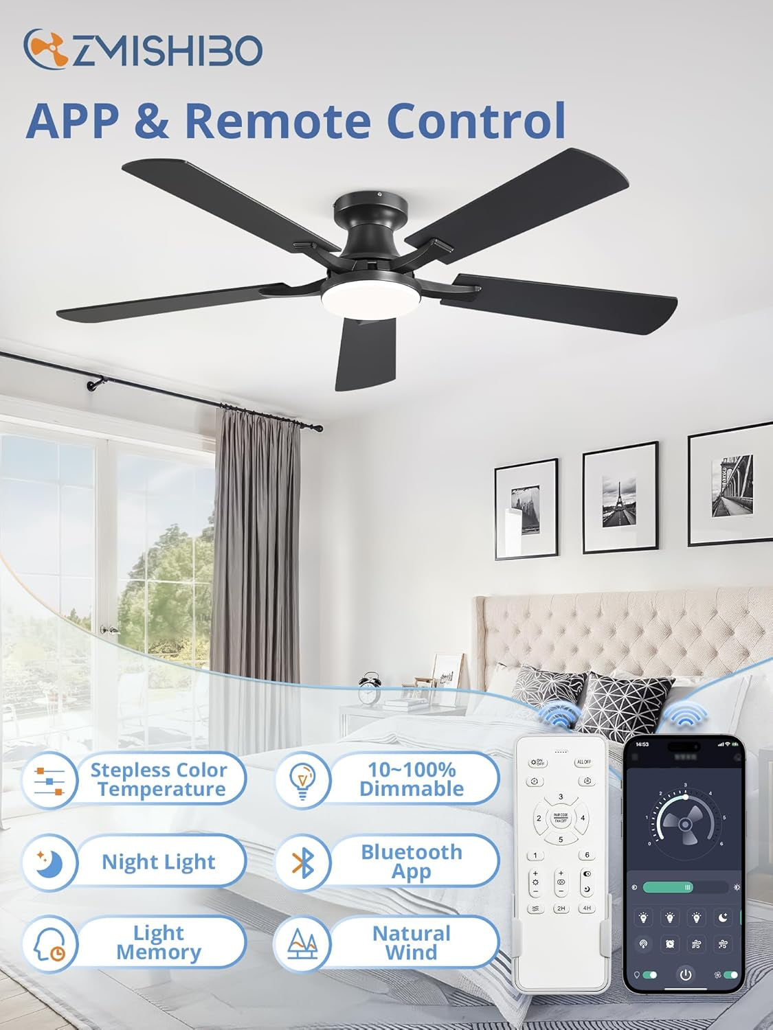 52 Inch Ceiling Fans with Lights, Remote&App Control, Flush Mount | Low Profile, Dimmable 20W LED Light, Quiet Reversible Motor, Strong Airflow, Easy Install for Bedroom/Living Room/Apt, Black