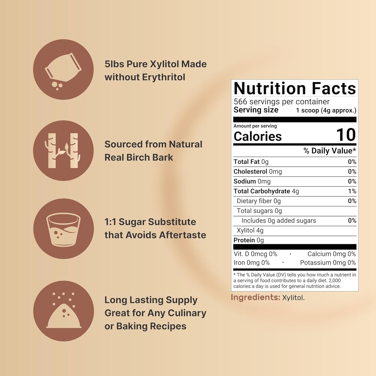 Xylitol Sweetener, 5Lbs | Natural Birch Crystal Source – 1:1 Sugar Substitute – Sweet Flavor with No Erythritol – Low Calorie & Glycemic Impact – Sugar Free, No Aftertaste, Non-Gmo