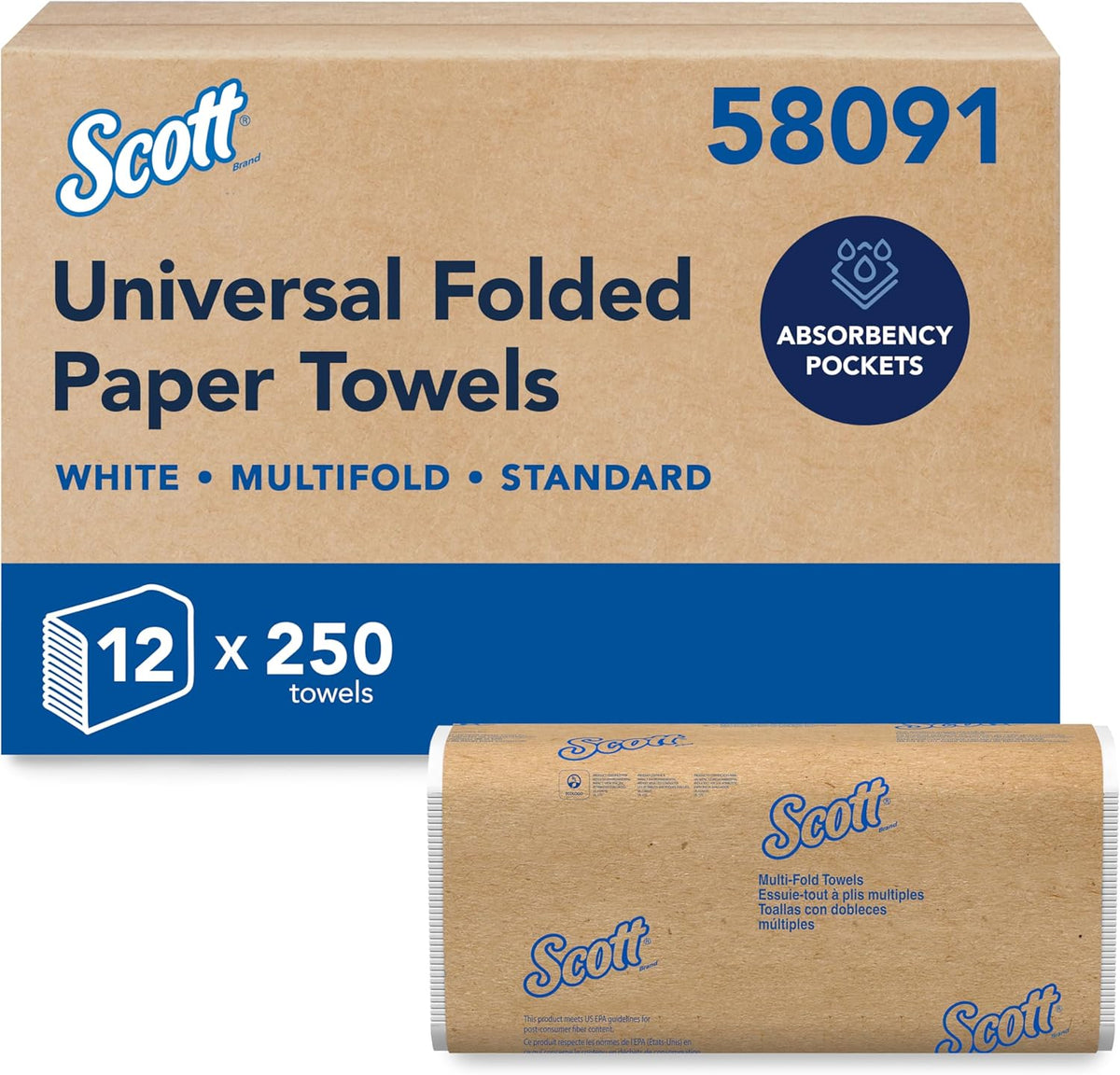 Multifold Paper Towels, Bulk, 12 X 250 Sheets (58091) | Universal, Standard Tier, Absorbency Pockets, Compressed, White, Compatible with Universal Folded Towel Dispensers