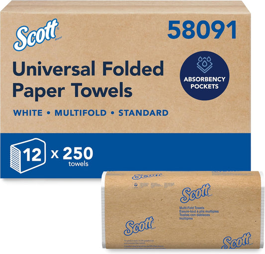 Multifold Paper Towels, Bulk, 12 X 250 Sheets (58091) | Universal, Standard Tier, Absorbency Pockets, Compressed, White, Compatible with Universal Folded Towel Dispensers
