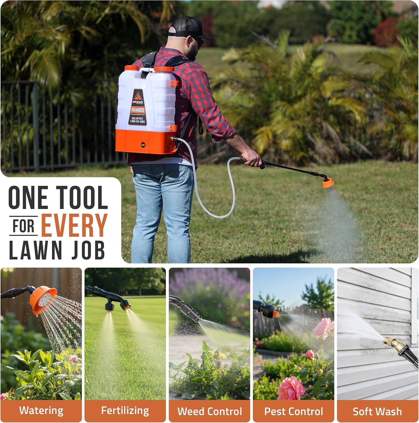 tools HD4000 Battery Powered Backpack Sprayer, 6 Hr Runtime, 6 Nozzles | Electric Sprayer for Lawn & Garden W/ Battery Meter, Adjustable 90 PSI & Padded Straps - for Weed/Pest Control, Fertilizing