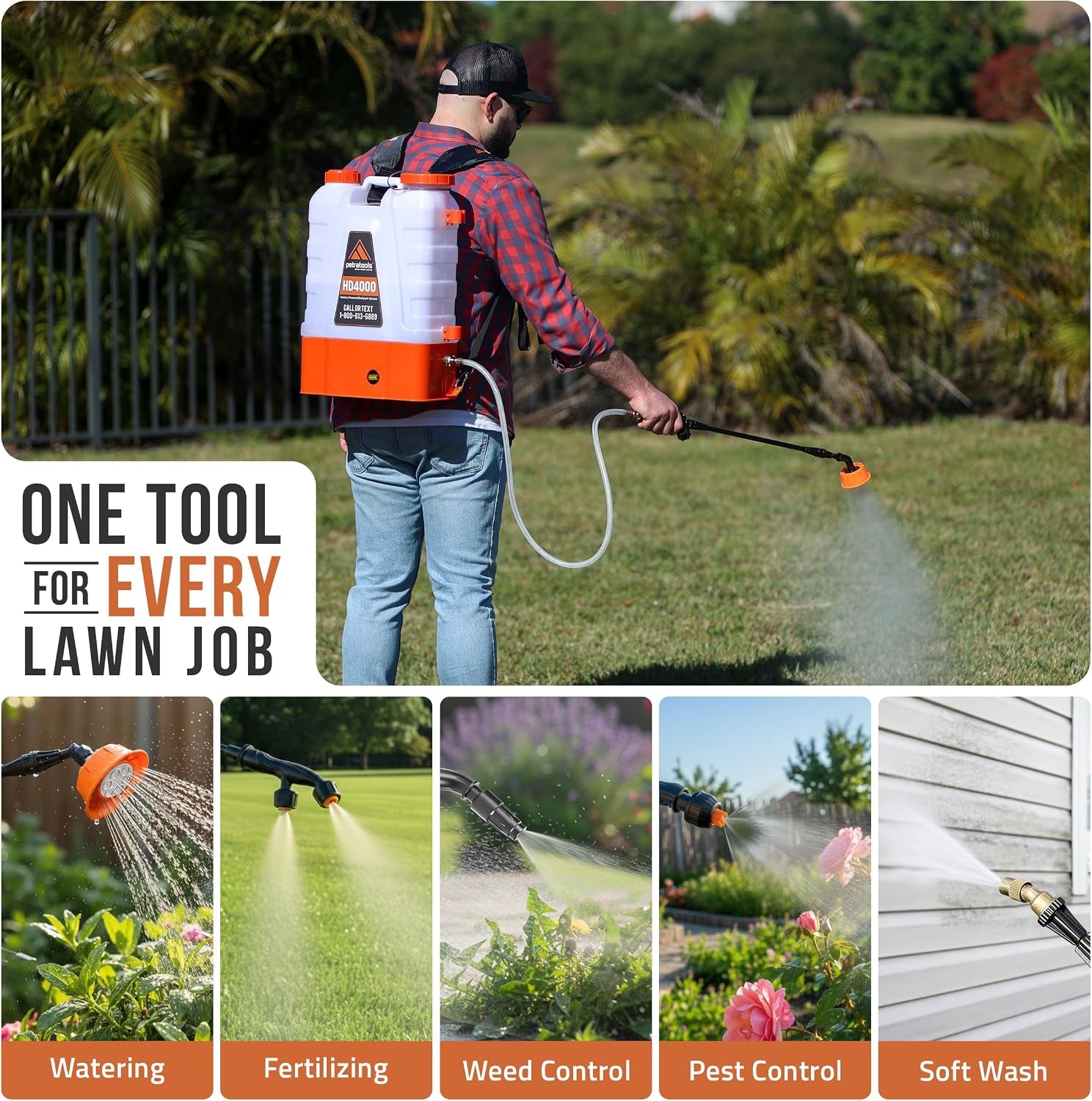 tools HD4000 Battery Powered Backpack Sprayer, 6 Hr Runtime, 6 Nozzles | Electric Sprayer for Lawn & Garden W/ Battery Meter, Adjustable 90 PSI & Padded Straps - for Weed/Pest Control, Fertilizing