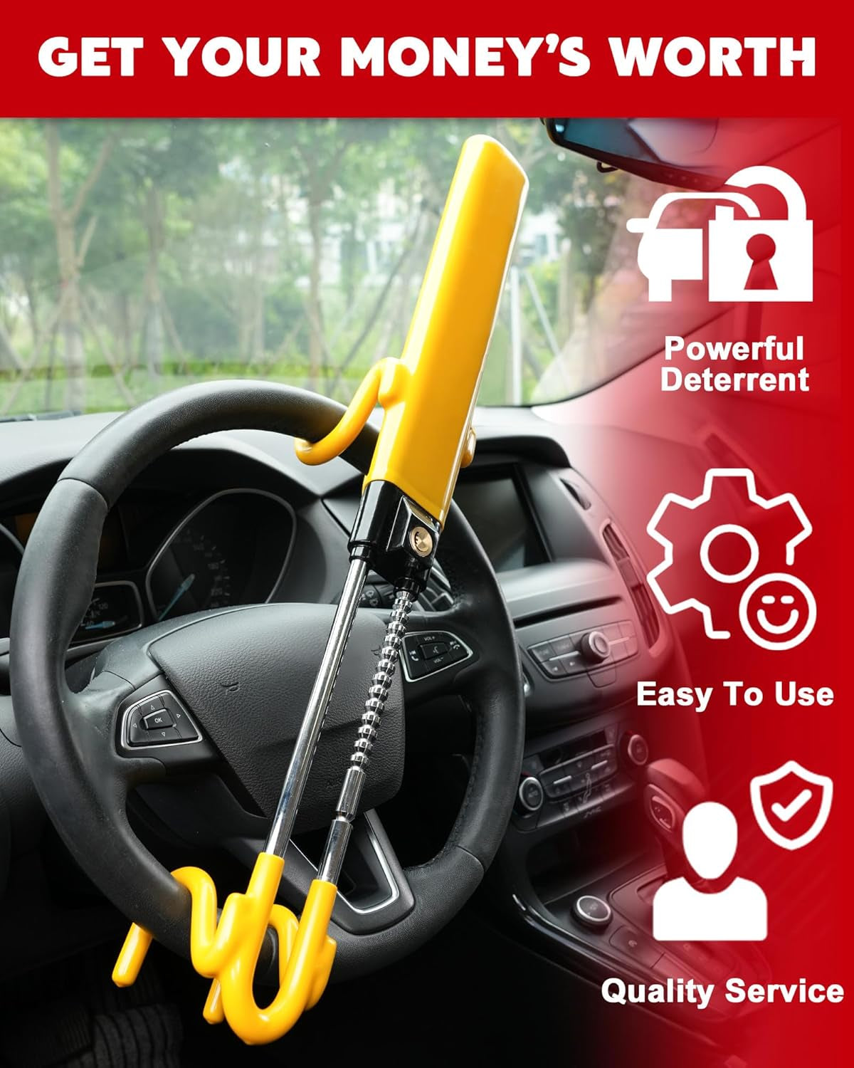 Steering Wheel Lock - Heavy Duty Antitheft Device and Car Security Lock with Adjustable Locking and 3 Keys - Great Vehicle and Truck Deterrent (Yellow)