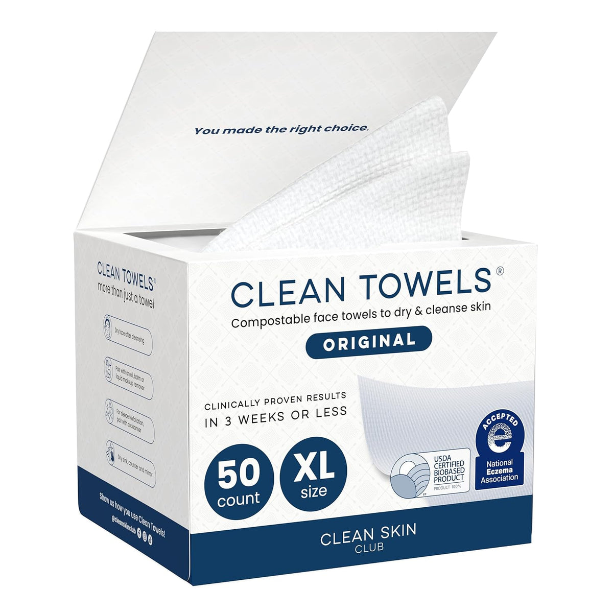Clean Towels XL®, 100% USDA Biobased Face Towel, Disposable Face Towelette, Eczema Association Accepted, Makeup Remover Dry Wipes, Ultra Soft, 1 Pack, 50 Ct
