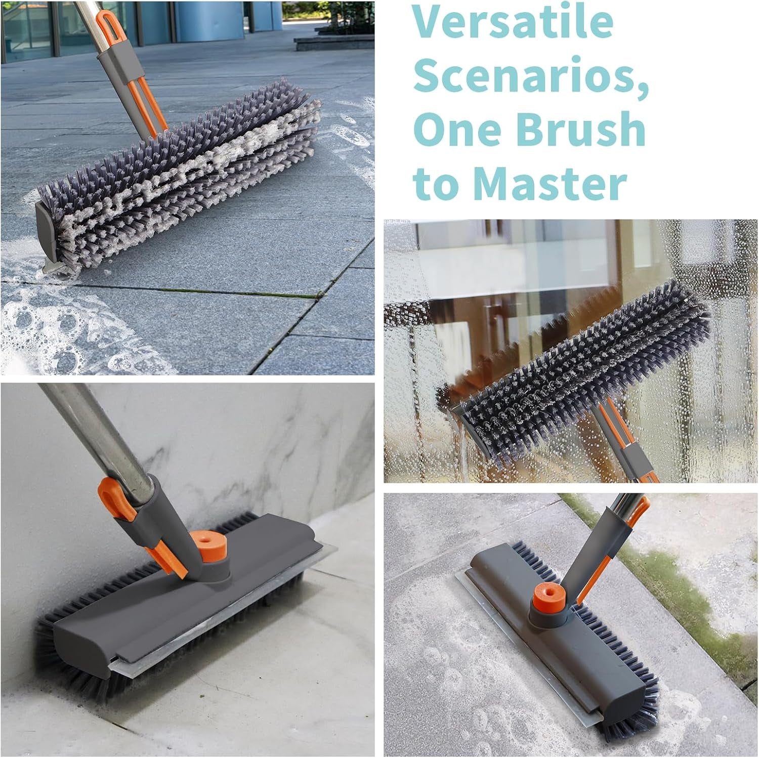 Floor Scrub Brush with Long Handle, 3-In-1 Rotating Head & Squeegee | Stiff Dual-Sided Bristles for Shower, Bathroom, Kitchen and Patio, 30–50 in Handle for Easier Stand-Up Cleaning, Gray