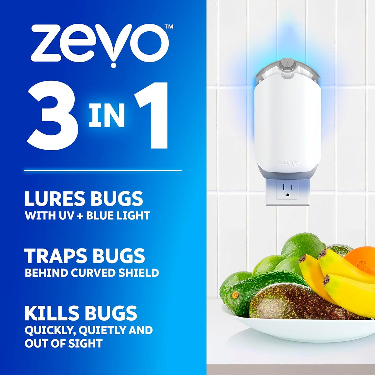 Flying Insect Trap & Cartridge - Plug in Fly Trap & Indoor Bug Catcher for Gnats, House & Fruit Flies - Mess-Free - Use in Any Room - Uses Blue & UV Light (1 Plug in Device & 1 Cartridge)