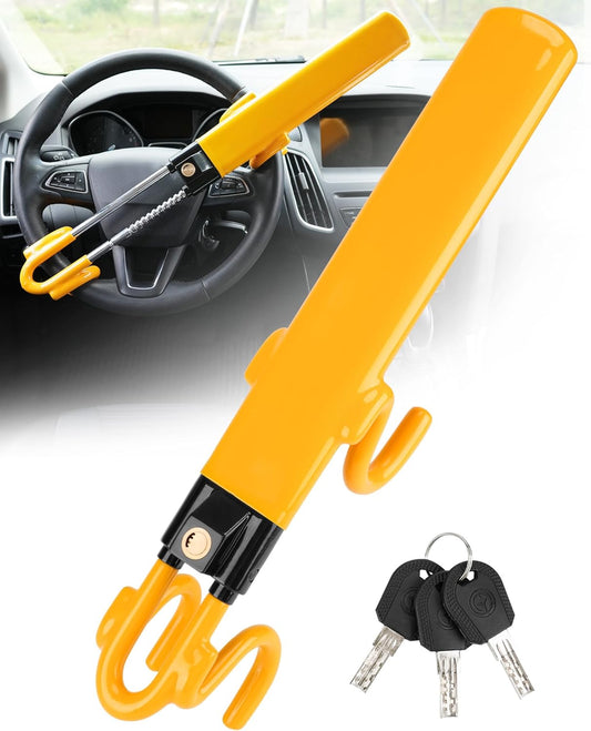 Steering Wheel Lock - Heavy Duty Antitheft Device and Car Security Lock with Adjustable Locking and 3 Keys - Great Vehicle and Truck Deterrent (Yellow)