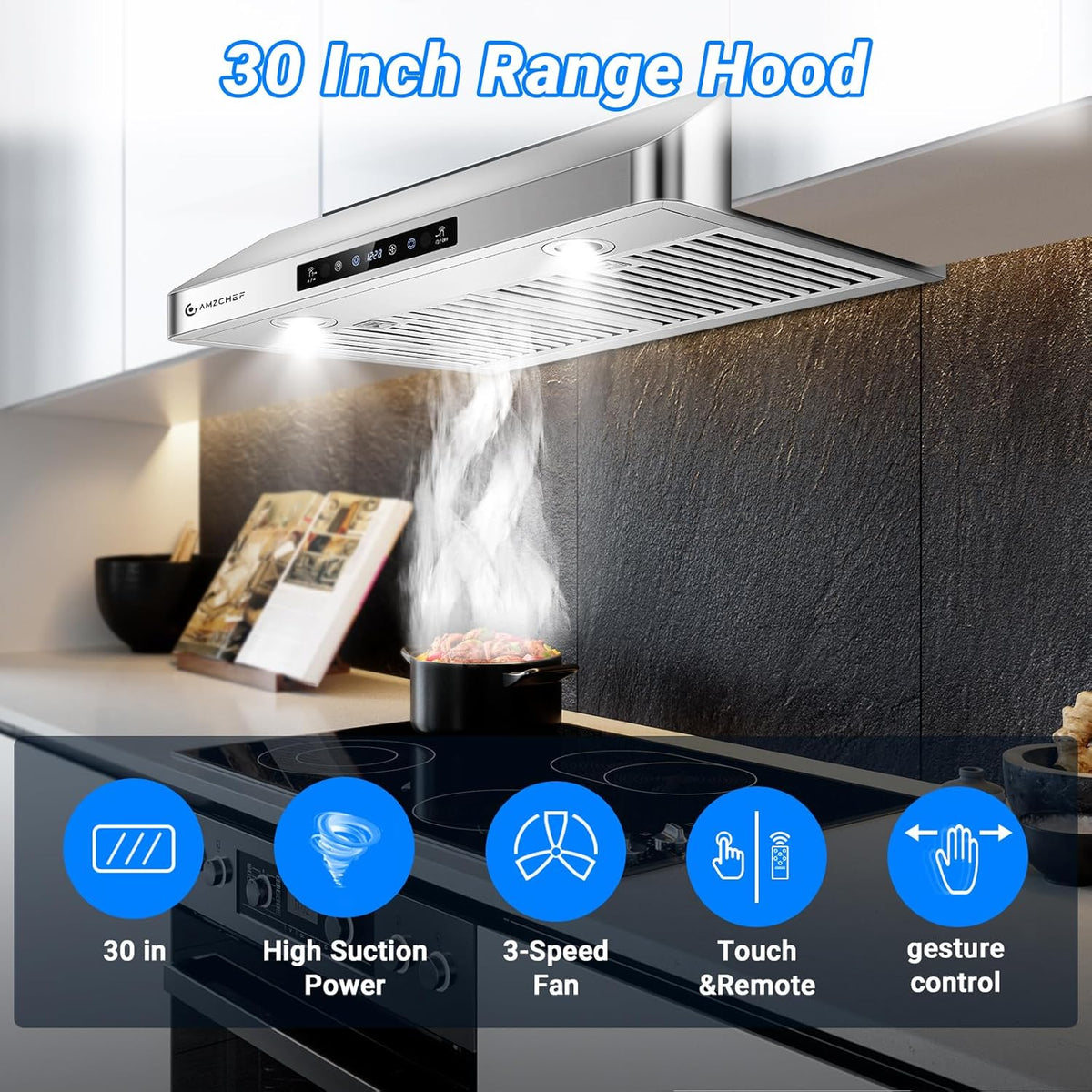 30" under Cabinet Range Hood, 750CFM Stainless Steel Vent Hood | Stainless Steel Hood with Touch/Remote/Gesture Control, Timer, LED Lights & Dishwasher-Safe Baffle Filters 3 Outlets