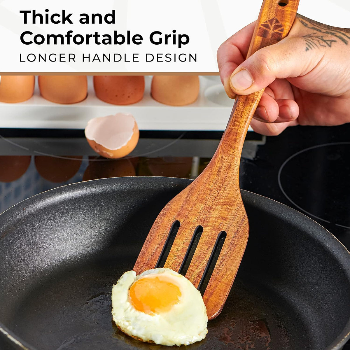 Wooden Spatula for Cooking, Teak Wood Set of 4 for Non Stick Frying Pan | Includes Paddle, Turner, Slotted Spurtle & Scraper – Long Ergonomic Handles, Scratch-Free Design