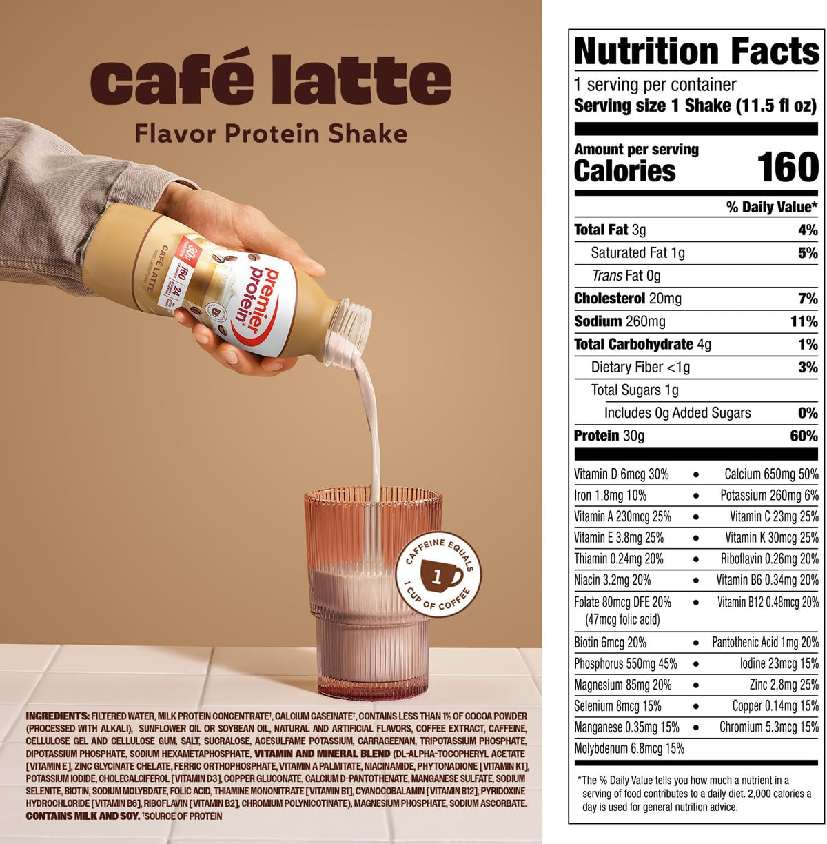 Shake, Café Latte, 30G Protein, No Added Sugar, 24 Vitamins & Minerals to Support Immune Health, 11.5 Fl Oz, 12 Pack (Packaging May Vary)