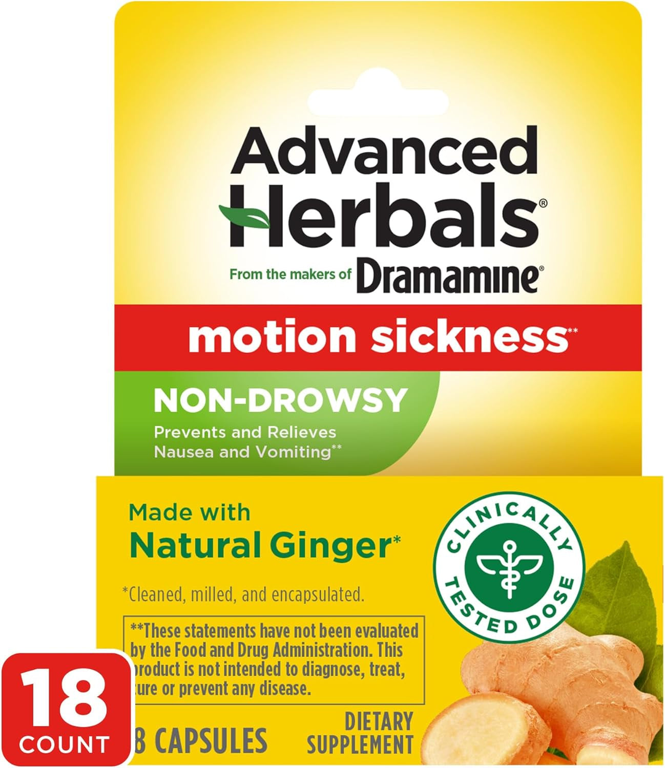 Advanced Herbals, Motion Sickness Relief, Ginger Capsules, 18 Ct | from the Makers of , Non-Drowsy, Relief from Nausea, Capsules Made with Natural Ginger