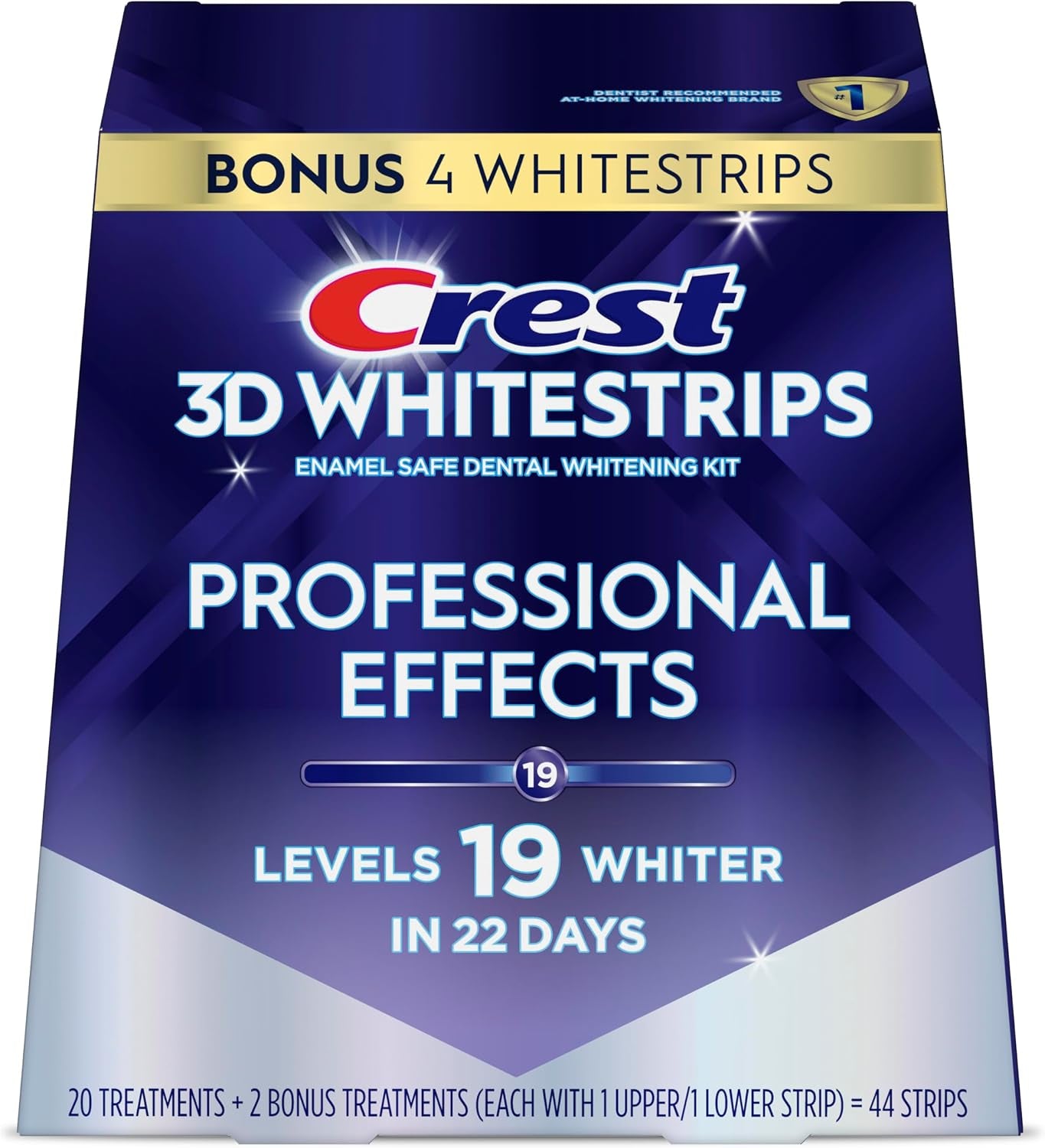 Get 19 Shades Whiter Smile: Professional 3D Teeth Whitening Strips Kit – Enamel-Safe Fast Whitener (22 Treatments, 44 Strips).