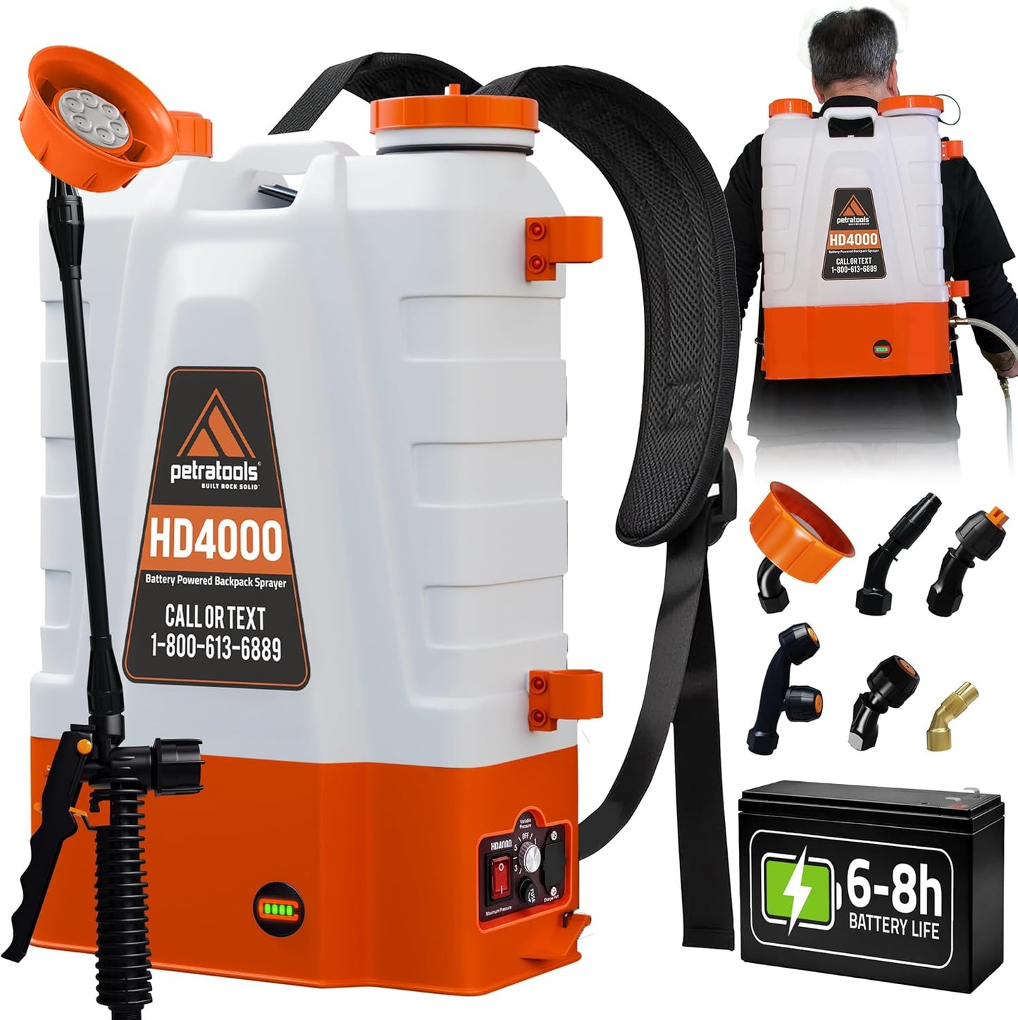 tools HD4000 Battery Powered Backpack Sprayer, 6 Hr Runtime, 6 Nozzles | Electric Sprayer for Lawn & Garden W/ Battery Meter, Adjustable 90 PSI & Padded Straps - for Weed/Pest Control, Fertilizing
