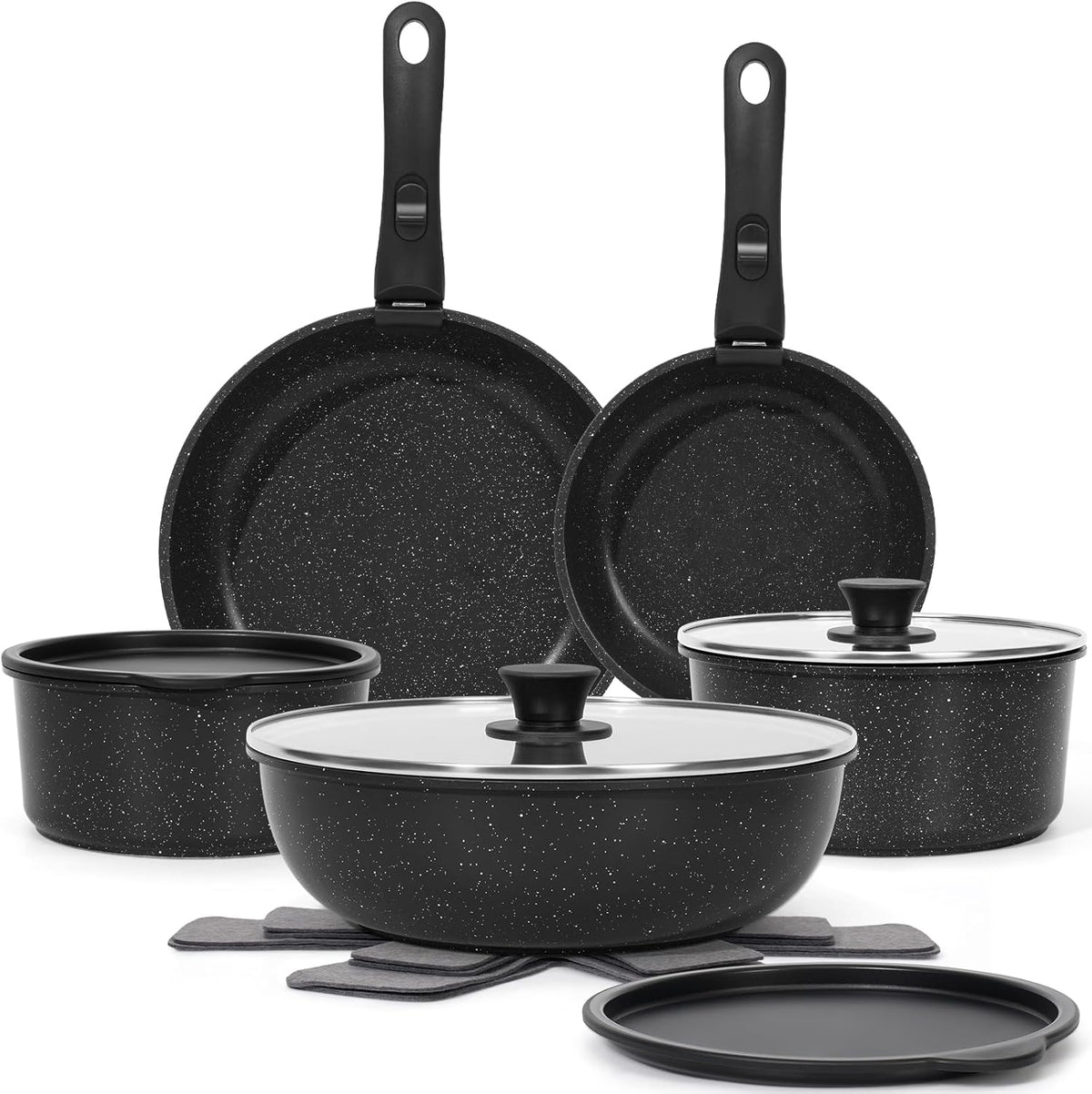 15Pcs Pots and Pans Set Non Stick, Detachable Handle, Induction | Nonstick,Black, Aluminum, Granite Coating,Induction Ready, RV Kitchen, Stackable Design, Space-Saving for Small Kitchens