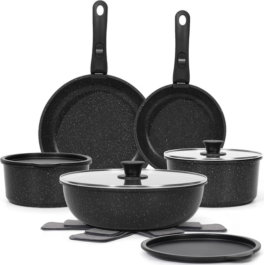 15Pcs Pots and Pans Set Non Stick, Detachable Handle, Induction | Nonstick,Black, Aluminum, Granite Coating,Induction Ready, RV Kitchen, Stackable Design, Space-Saving for Small Kitchens