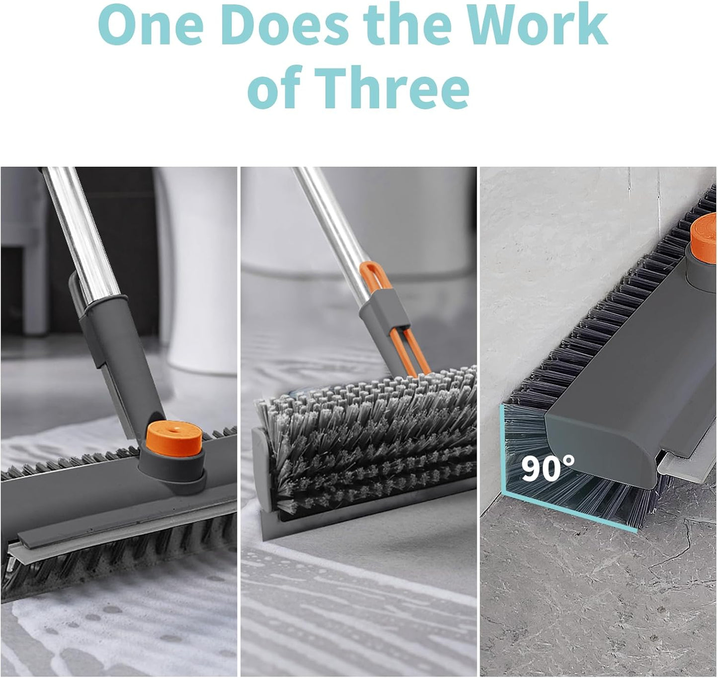 Floor Scrub Brush with Long Handle, 3-In-1 Rotating Head & Squeegee | Stiff Dual-Sided Bristles for Shower, Bathroom, Kitchen and Patio, 30–50 in Handle for Easier Stand-Up Cleaning, Gray