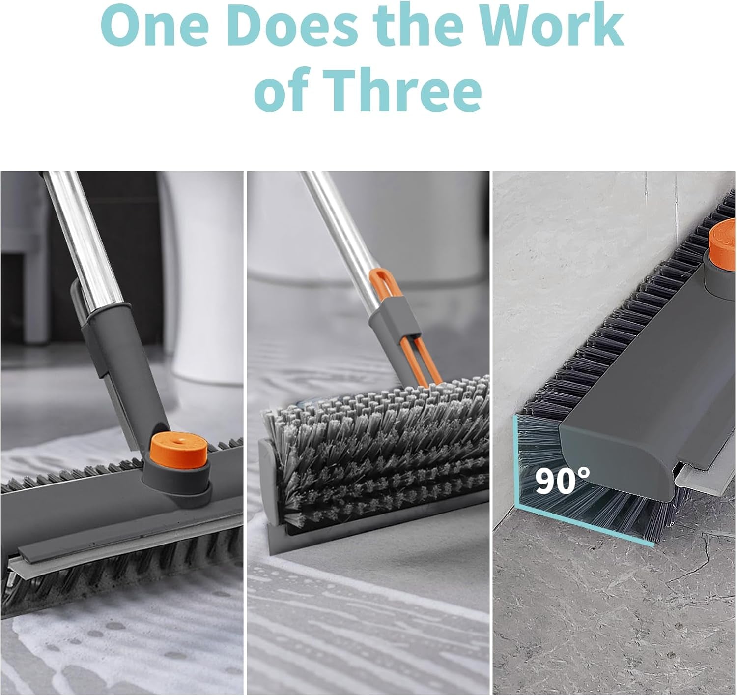 Floor Scrub Brush with Long Handle, 3-In-1 Rotating Head & Squeegee | Stiff Dual-Sided Bristles for Shower, Bathroom, Kitchen and Patio, 30–50 in Handle for Easier Stand-Up Cleaning, Gray