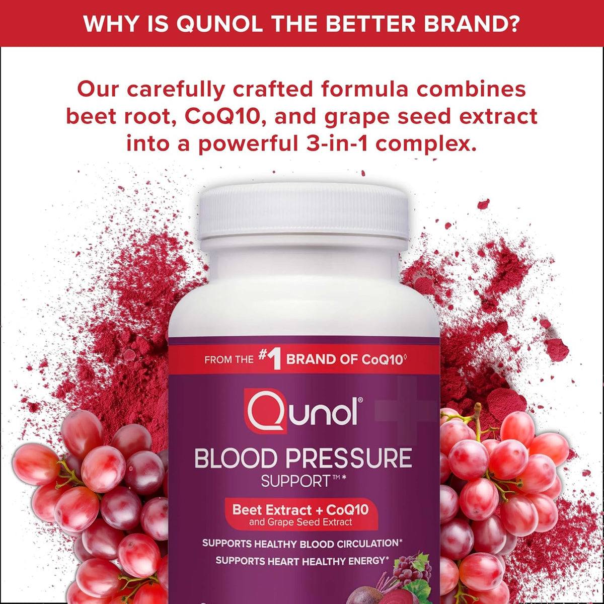Blood Pressure Support, 3 in 1 Beets + Coq10 + Grape Seed Extract, Beet Root Capsules That Supports Healthy Blood Circulation & Heart Healthy Energy, 60 Count (Pack of 1)
