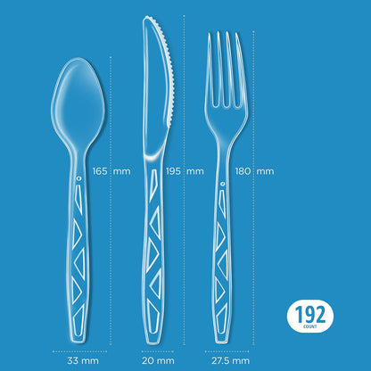 Amazon Basics 192-Piece Clear Plastic Cutlery Set – Heavy-Duty Disposable Forks, Spoons & Knives (64 Place Settings).
