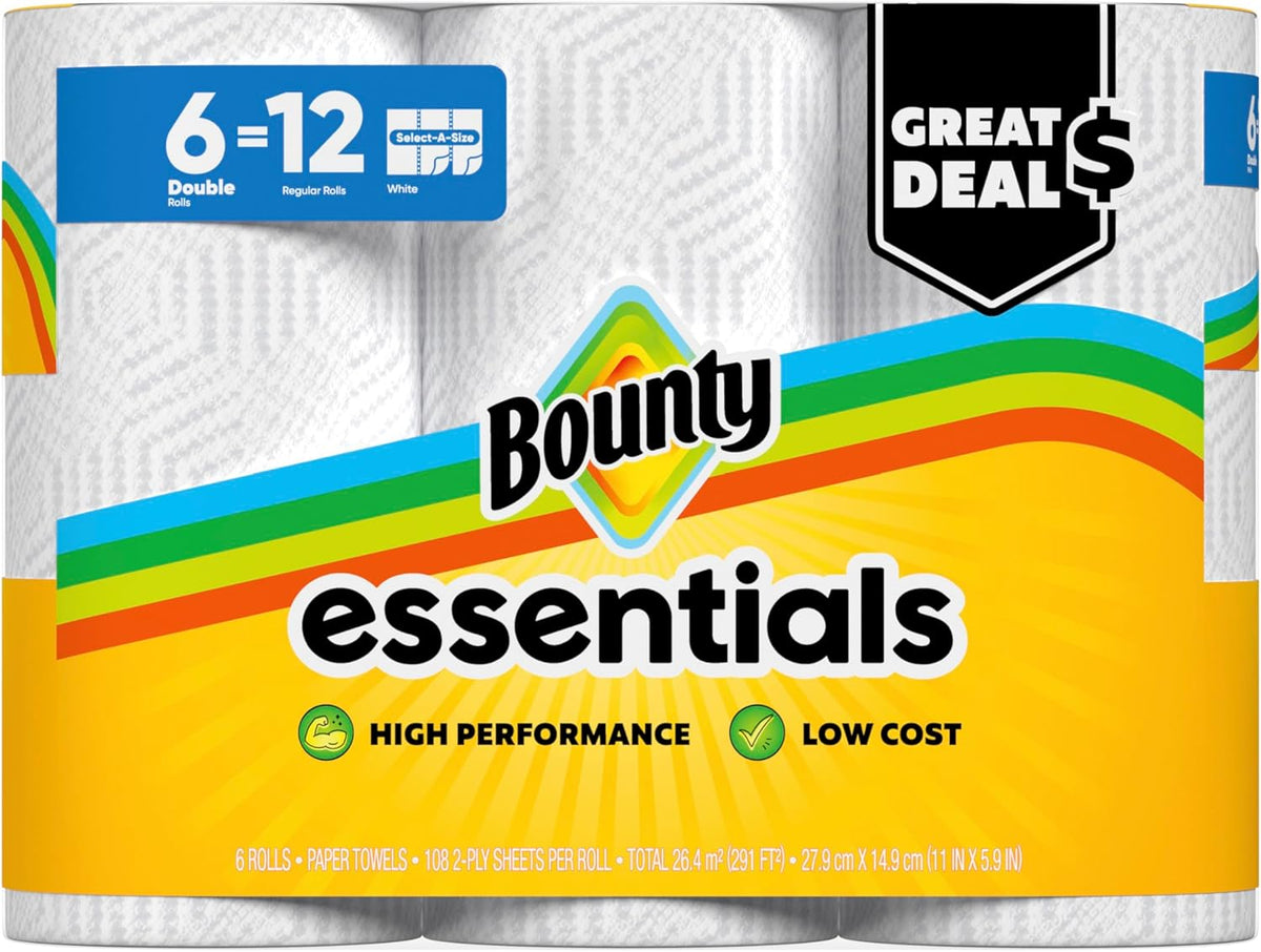 Bounty Essentials Select-A-Size Paper Towels, 6 Double Rolls, White, 108 Sheets Per Roll