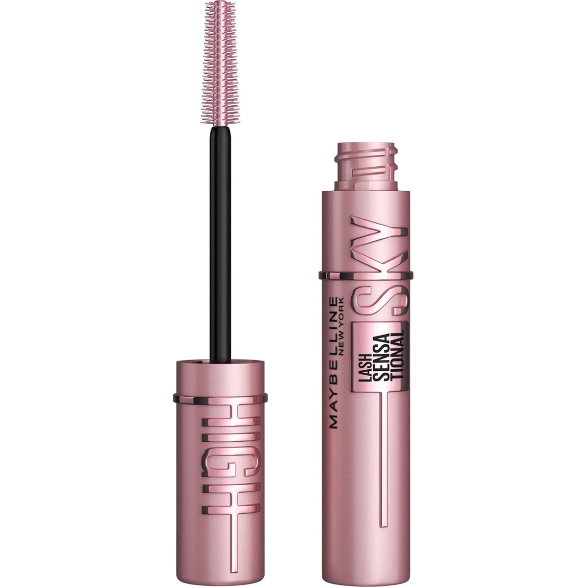 Máscara de pestañas Maybelline Sky High para alargar y dar volumen, fórmula lavable sin escamas con extracto de bambú, probada contra alergias y oftalmológicamente para ojos sensibles.