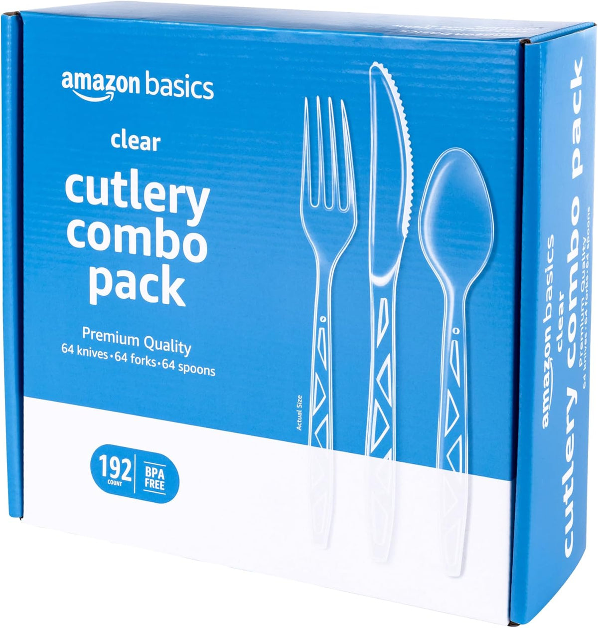 Amazon Basics 192-Piece Clear Plastic Cutlery Set – Heavy-Duty Disposable Forks, Spoons & Knives (64 Place Settings).