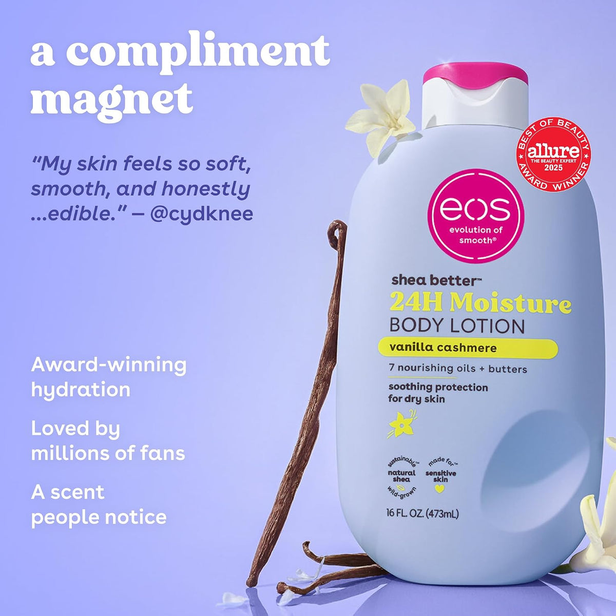 EOS Shea Better Body Lotion- Vanilla Cashmere, 24-Hour Moisture, 16 fl oz.